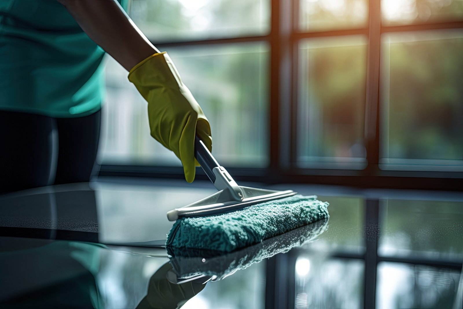 Closeup of woman using indoor squeegee to clean glass