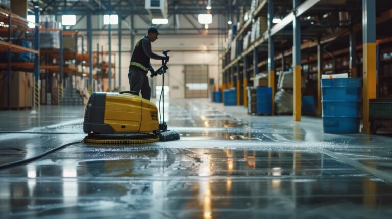 An industrial worker operates a floor scrubbing machine in a large, well-lit warehouse with reflective, freshly cleaned floors